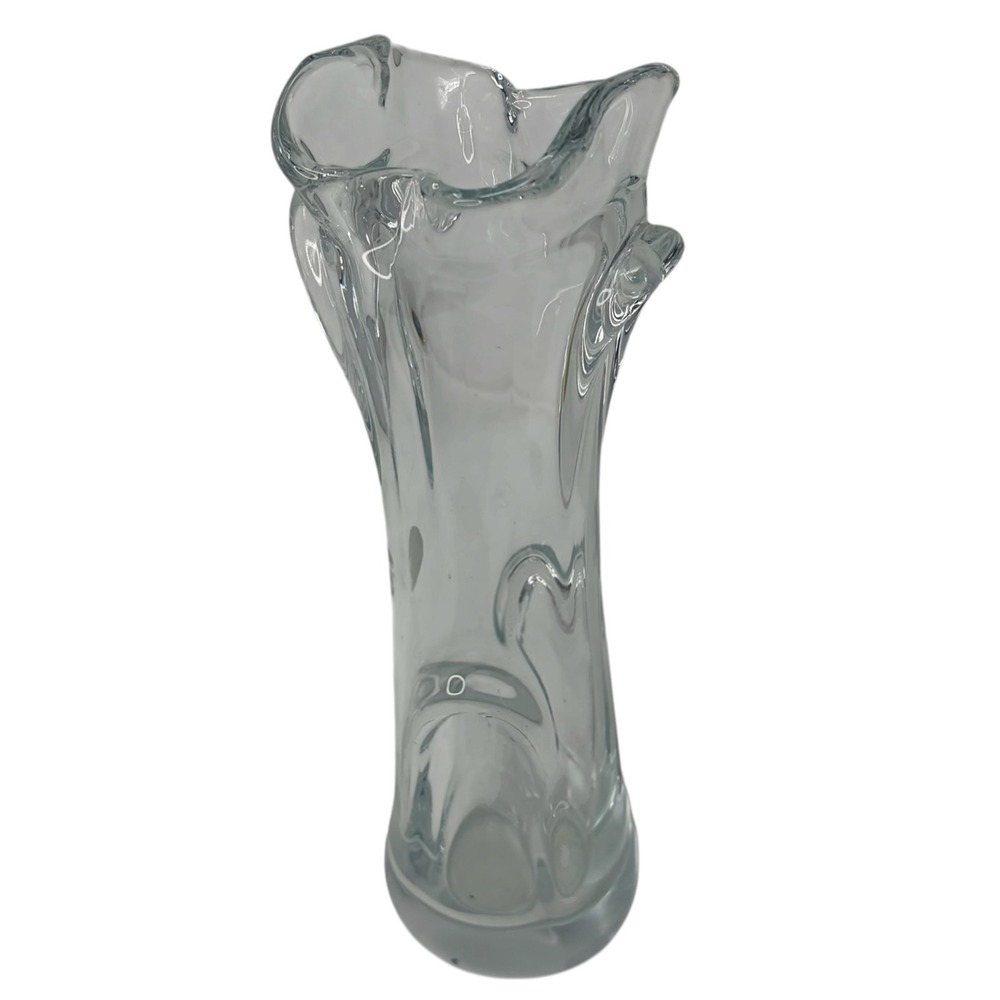 Hand Blown Art Glass Vase Clear Freeform Ruffle Pulled Loop 9" Action Int'l
